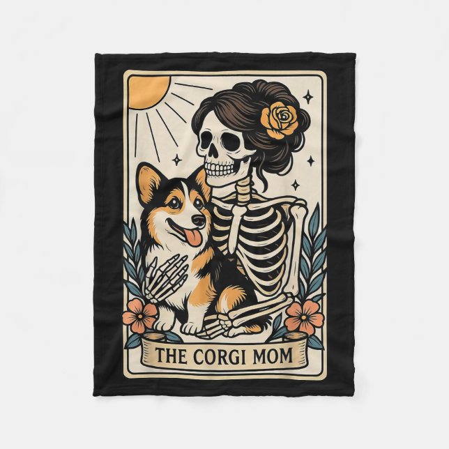 The Corgi Mom Tarot Card Skeleton Gothic Dog  Fleece Blanket (Front)