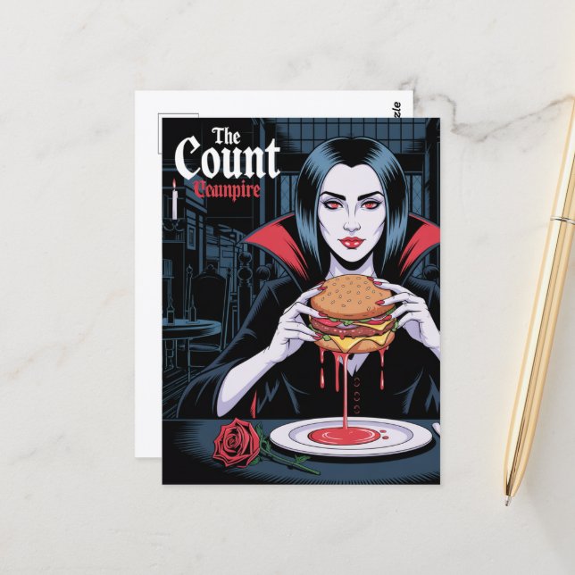 The Count Vampire With a Cheeseburger Postcard (Front/Back In Situ)