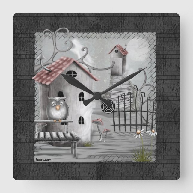 The Creek Gothic Folk Art Square Wall Clock (Front)