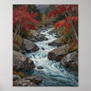 The Crimson Current: A Cascading Autumn Stream Poster