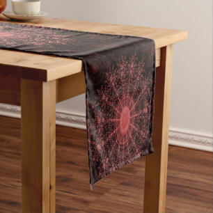 The crimson sparkling flower art in the red clear short table runner