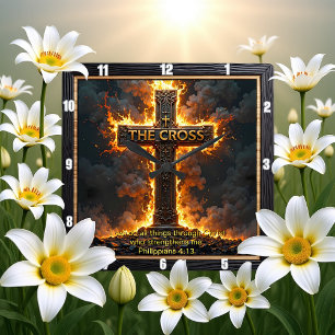 The Cross Fiery Time Philippians 4:13 Verse Square Wall Clock