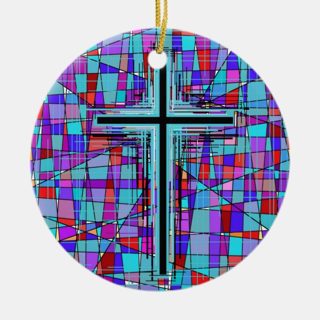 The Cross in Stained Glass. Ceramic Tree Decoration (Front)