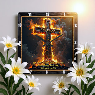 The Cross Medallion Fire Philippians 4:13 Verse Square Wall Clock