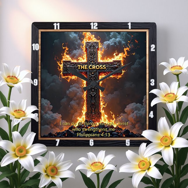 The Cross Victory Faith Philippians 4:13 Verse Square Wall Clock (Creator Uploaded)