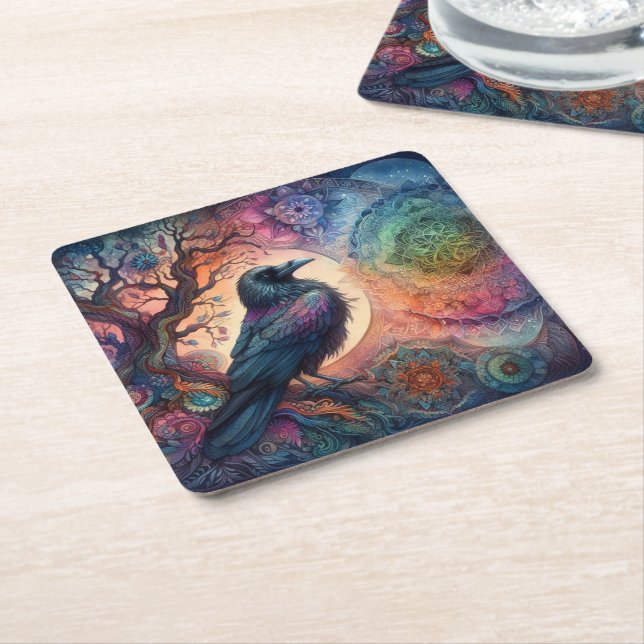 The Crow Tree of Life Mandala Pagan  Square Paper Coaster (Angled)