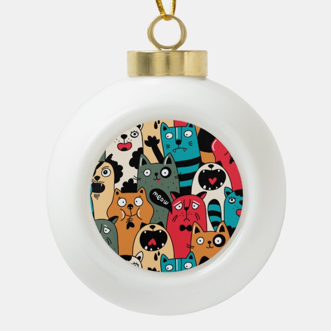 The crowd of cats ceramic ball christmas ornament (Front)