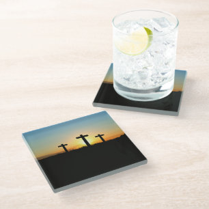 The Crucifixion Crosses at Sunset Glass Coaster