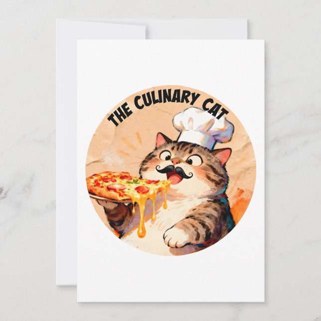 The Culinary Cat with Pizza Cat Chef Holding Pizza Invitation (Front)