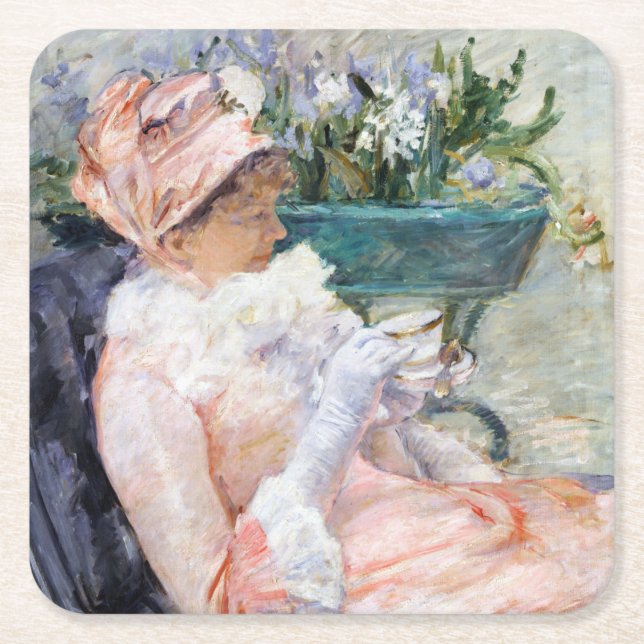 The Cup of Tea, Mary Cassatt Square Paper Coaster (Front)