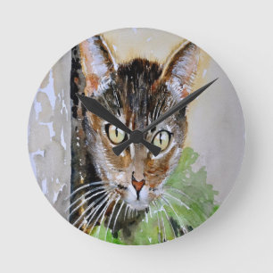 The Curious Tabby Cat Acrylic Painting Round Clock