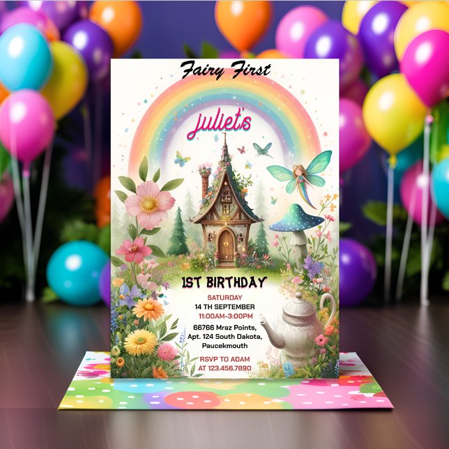 the cute Floral Pink girl fairy first 1st birthday Invitation (Creator Uploaded)