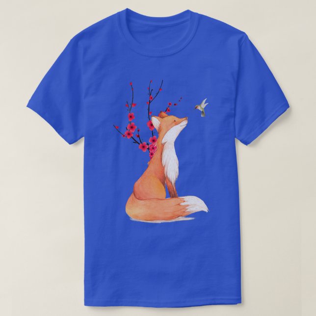 The Cute Fo And Hummingbird Cherry Blossom Flower  T-Shirt (Design Front)