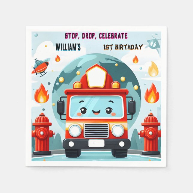 The Cute Hot Fire Truck Engine Safety 1st birthday Napkin (Front)