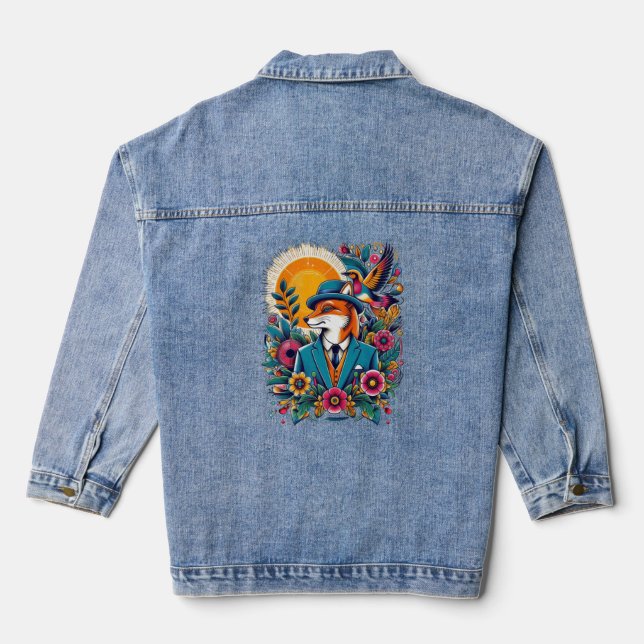 The Dapper Fox and colourful flowers Denim Jacket (Back)
