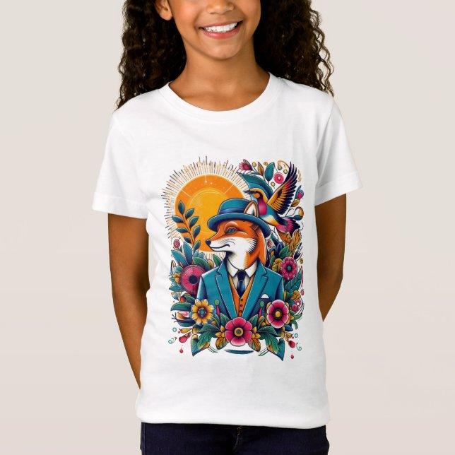 The Dapper Fox and colourful flowers T-Shirt (Front)