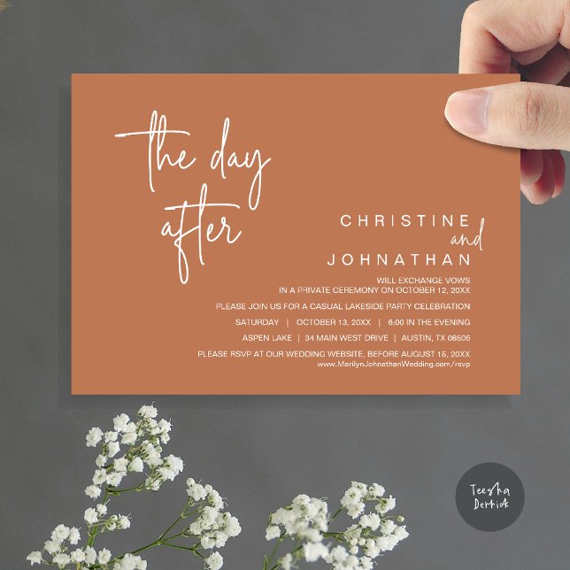 The Day After, Post Wedding Elopement Party Copper Invitation (The Day After, Modern Post Wedding Party Invitation Card, PDF, in Copper Rust)
