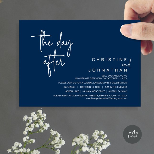 The Day After, Post Wedding Elopement Party, Navy Invitation (The Day After, Modern Post Wedding Party Invitation Card, PDF, in navy blue)