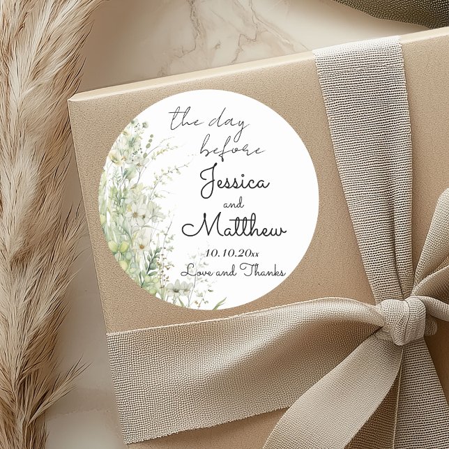 The day before Dusty Sage Green Flowers Wedding Classic Round Sticker (Creator Uploaded)
