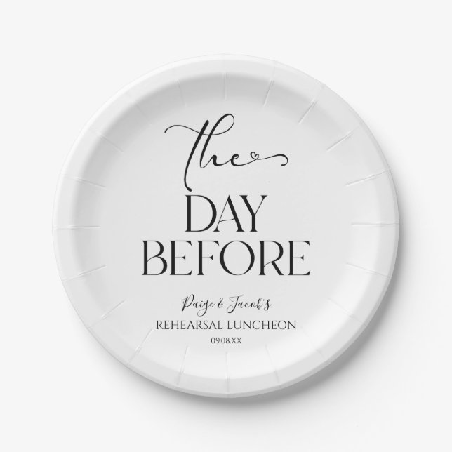 The Day Before Minimal Wedding Rehearsal Luncheon Paper Plate (Front)