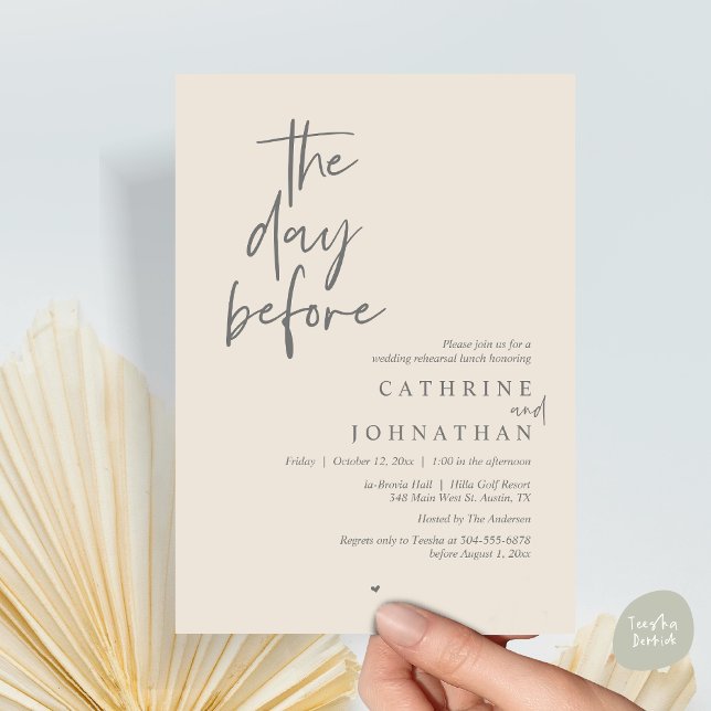 The day before, Wedding Rehearsal Lunch Invitation (The day before, Modern Wedding Rehearsal lunch Invitation Card, PDF, in Cream Grey)