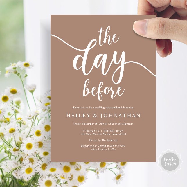 The day before, Wedding Rehearsal Lunch or Brunch Invitation (The day before, Wedding Rehearsal Lunch or Brunch Invitation Card, PDF, Taupe Brown)