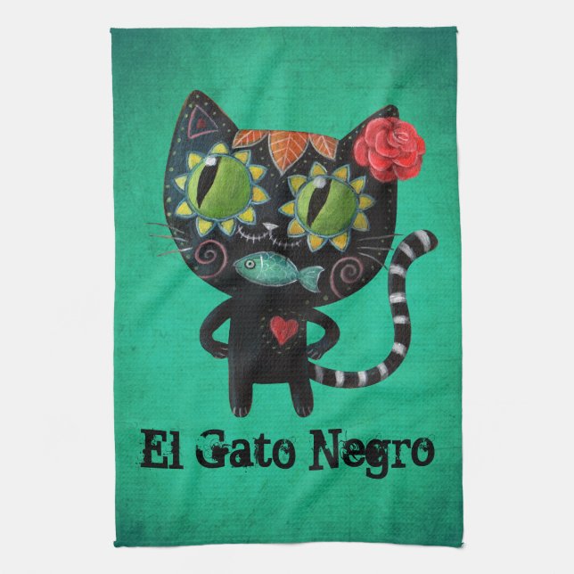 The Day of The Dead Black Cat Tea Towel (Vertical)