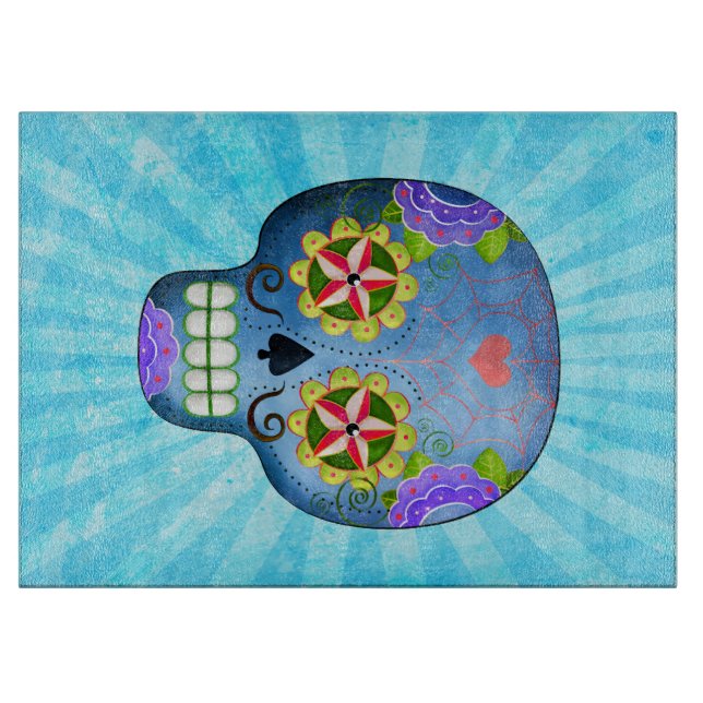 The Day of The Dead Blue Sugar Skull Cutting Board (Front)