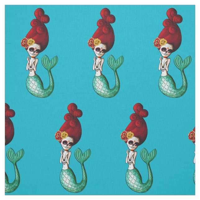 The Day of The Dead Old School Mermaid Gal Fabric (Swatch)