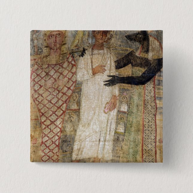 The deceased and his mummy protected by Anubis 15 Cm Square Badge (Front)