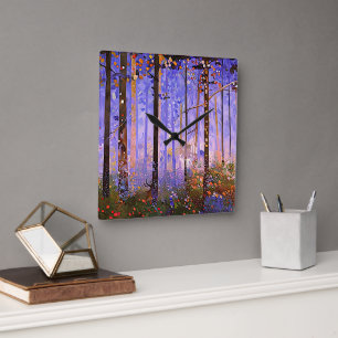 The Deer’s Secret Path  -  Wide Woodland Landscape Square Wall Clock