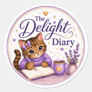 The Delight Diary Cute Cat Purple Gold Classic Round Sticker