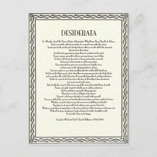 The Desiderata Poem by Max Ehrmann Postcard (Front)