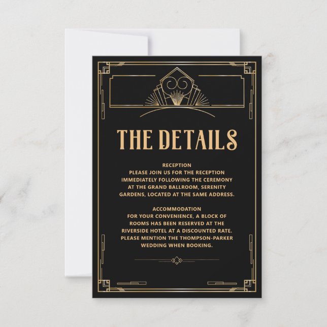 The Details Art Deco 20s Black Gold  Wedding Card (Front)