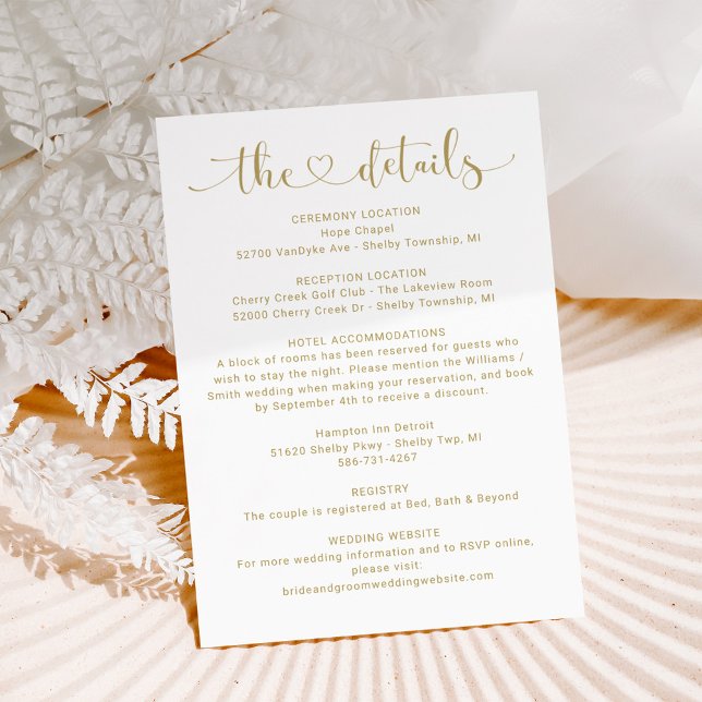 The Details Gold Heart Script Wedding Information Enclosure Card (Creator Uploaded)