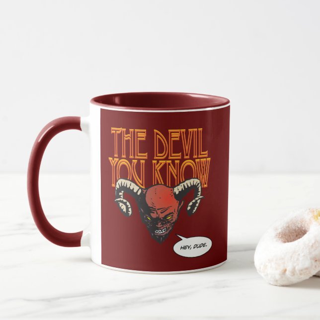 The Devil You Know Dk Red BG Mug (With Donut)