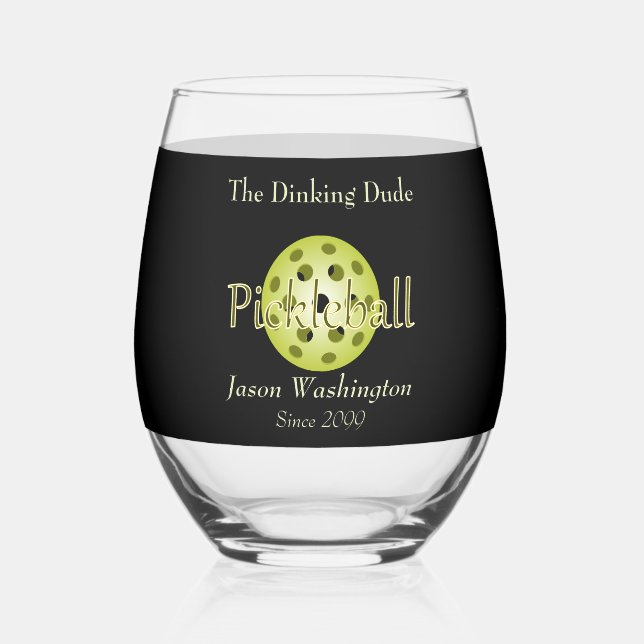 The Dinking Duo or Dude Pickleball Ball Cocktail Stemless Wine Glass (Front)