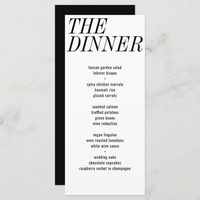 The Dinner Unique Black White Typography Wedding Menu (Front/Back)
