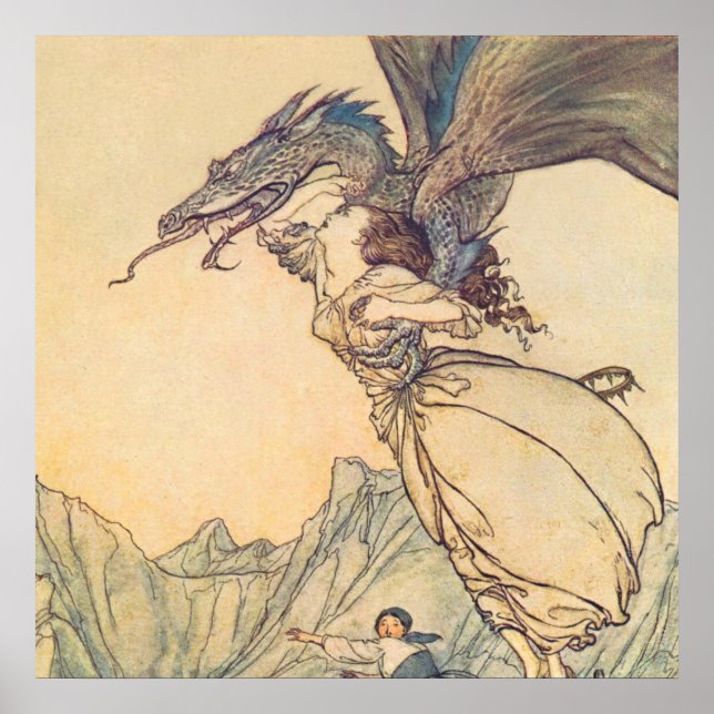 “The Dragon Caught the Queen” by Arthur Rackham Poster (Front)