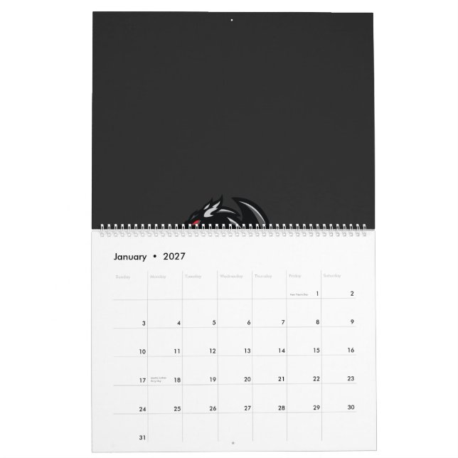 the dragon logo on a black background calendar (Jan 2027)