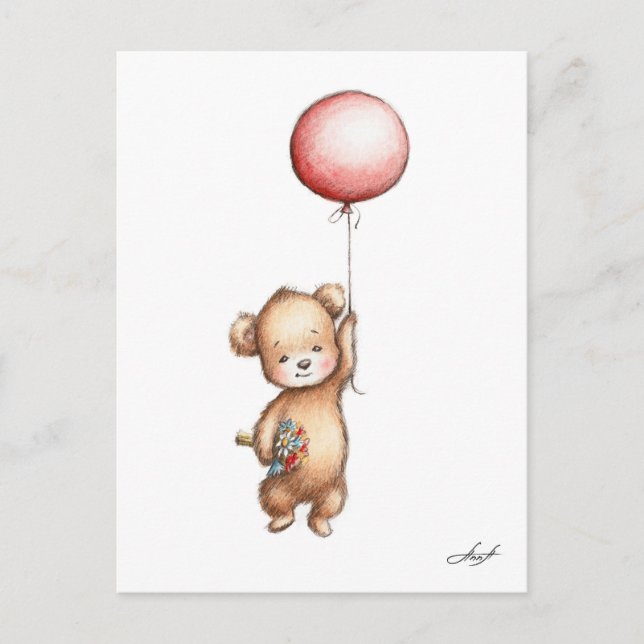 The Drawing of Teddy Bear with Red Balloon and Flo Postcard (Front)