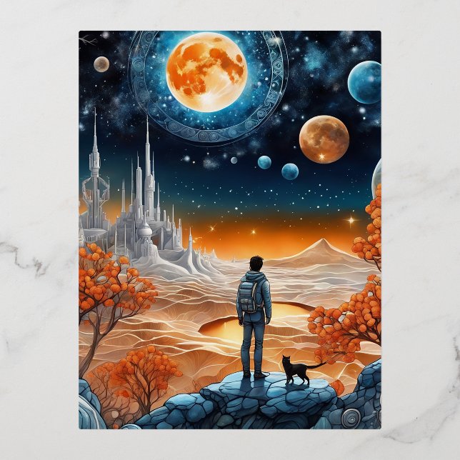 The dreamer is a young person who stands in front  foil holiday postcard (Front)