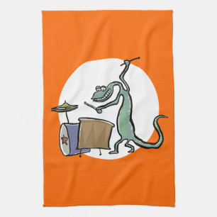 The drum playing lizard tea towel