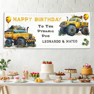 The Dynamic Due Safari Monster Truck Twins Party Banner