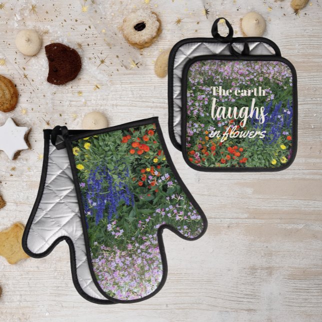 The Earth Laughs in Flowers Garden Quote Oven Mitt & Pot Holder Set (Creator Uploaded)