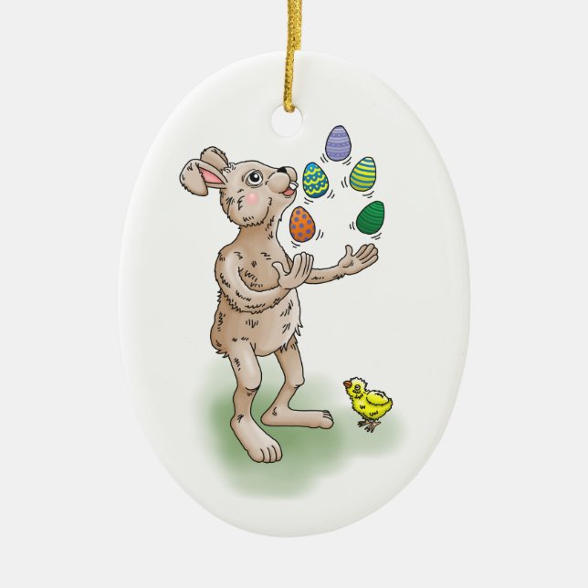 The Easter Bunny juggles with the Easter eggs Ceramic Tree Decoration (Front)