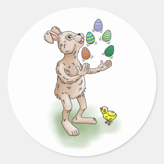 The Easter Bunny juggles with the Easter eggs Classic Round Sticker (Front)