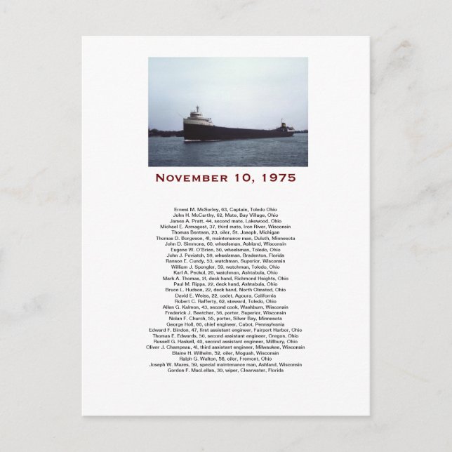The Edmund Fitzgerald with Crew Names Gift Box Postcard (Front)