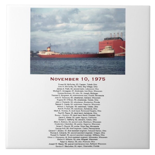The Edmund Fitzgerald with Crew Names Tile (Front)