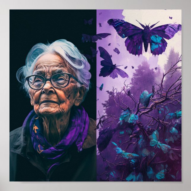 The Elderly Woman and Butterflies Postcard Poster (Front)